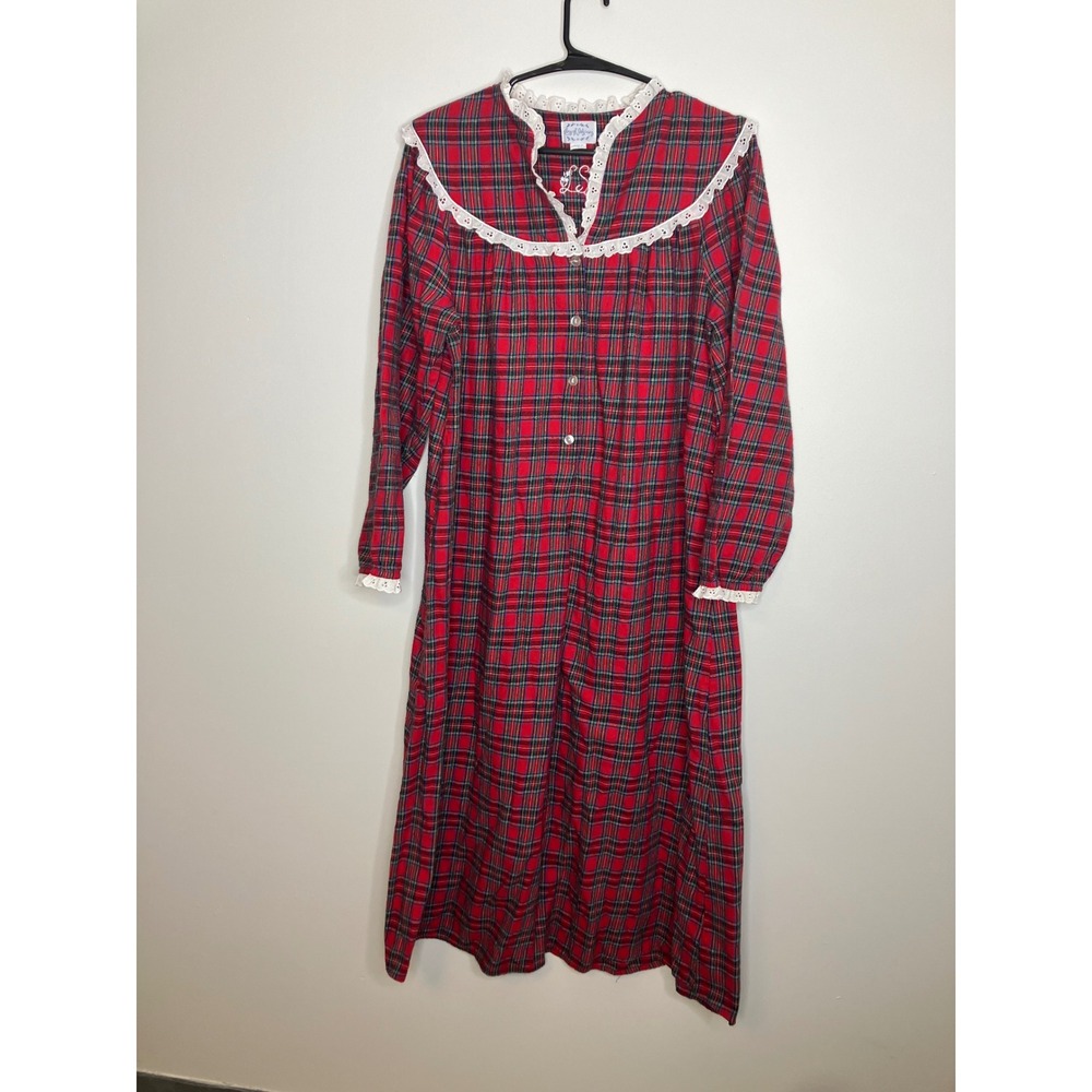 Lanz of Salzburg Nightgown Womens Small Red Plaid Excellent Cotton Lace Trim